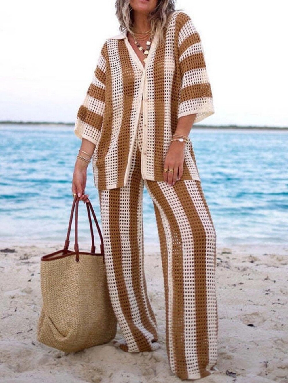 #104984 🛑S,M,L,XL  Women Cover Up Crochet Button Up Top & Pants 2pc Set